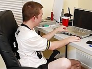 He jerks it assiduously while watching some hot guys on his computer then jumps on the bed and shoots off loads of gooey Cum men masturbation effect