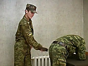 He spanks a soldier in OTK position, then releases a guy and orders him to jack off male twins spanking